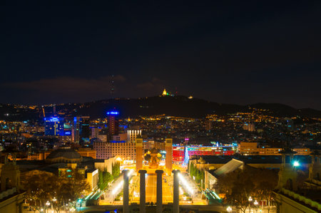 BARCELONA, SPAIN - JANUARY 02, 2018: View on Spanish square from National museum in nightのeditorial素材