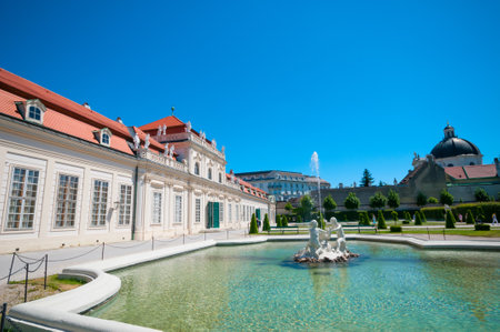 VIENNA, AUSTRIA - JUNE 07, 2017: Pond and fountain in Lower Belvedere Palaceのeditorial素材