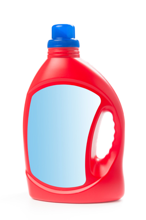 Red plastic bottle of cleaning product on white backgroundの写真素材