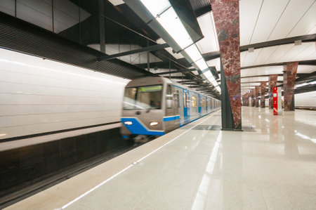 MOSCOW, RUSSIA - MARCH 09, 2018: Arriving train at metro station Khoroshevskayaのeditorial素材