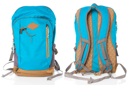 Two blue travel backpacks on white backgroundの写真素材