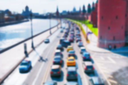 Blur of traffic jam with row of cars in Moscow downtowmの写真素材