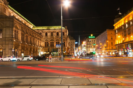 VIENNA, AUSTRIA - JUNE 11, 2018: Kartner Ring street in down town at nightのeditorial素材