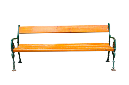 Wooden park bench isolated on white backgroundの写真素材