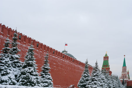 MOSCOW, RUSSIA - FEBRUARY 21, 2019: View on Kremlin wall at Red Square in winter