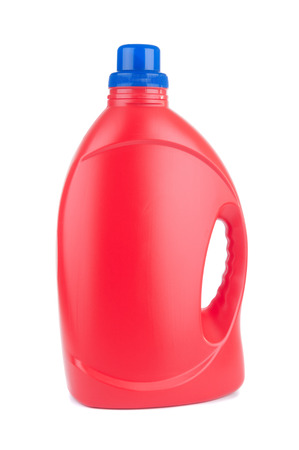 Red plastic bottle of cleaning product isolated on white backgroundの写真素材