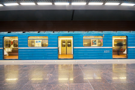 MOSCOW, RUSSIA - MARCH 24, 2019: Empty subway train on the  station Khovrinoのeditorial素材