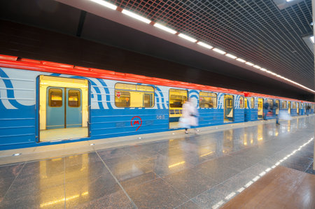 MOSCOW, RUSSIA - MARCH 24, 2019: Arriving subway train on the  station Khovrinoのeditorial素材