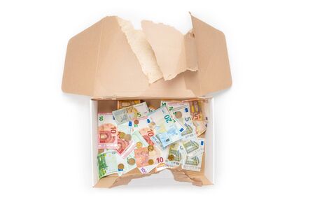 Charity box with euro banknotes on white background