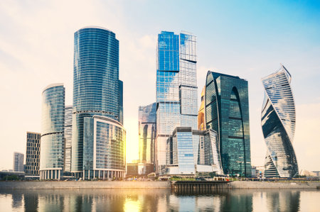 MOSCOW, RUSSIA - June 08, 2019: Skyscrapers in International Business-Center Moscow-City at downtown in sunsetのeditorial素材