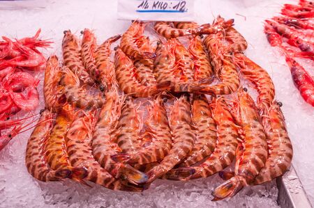 Fresh shrimps on ice at the market stallの写真素材