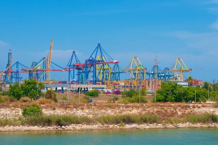 View on sea port with cranes and containersの写真素材