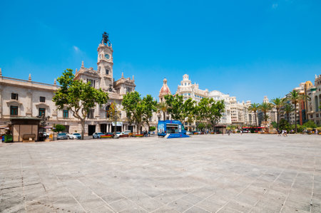 Valencia, Spain- July 01, 2019: Town Hall Square (Plaza del Ayuntamiento) in down townのeditorial素材