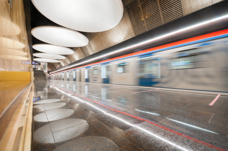 Moscow, Russia - july 30, 2020: Moving subway train on the station Okskayaのeditorial素材