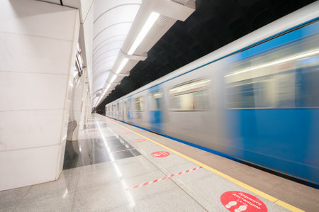 Moscow, Russia - may 02, 2021: Moving subway train on the station Savelovskaya