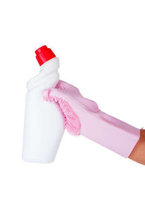 Hand in rubber glove holding plastic bottle of cleaning product isolated on white backgroundの写真素材