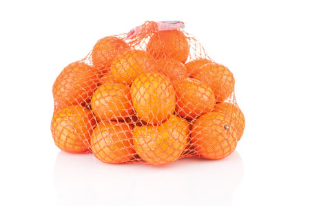 Packaging of fresh tangerines on white backgroundの写真素材