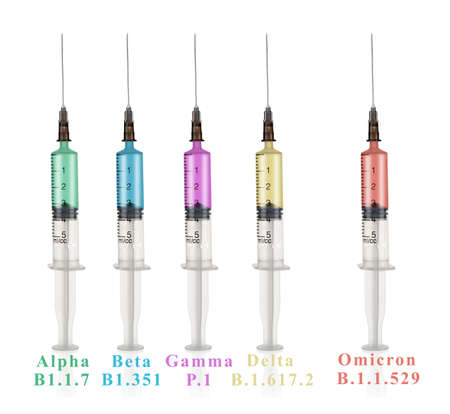 Few medical syringes with different variants disease vaccines coronavirus isolated on white backgroundの写真素材