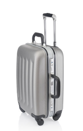 Gray travel bag close up isolated on white backgroundの写真素材
