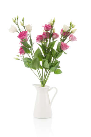 Bouquet of roses in glass vase isolated on white backgroundの写真素材