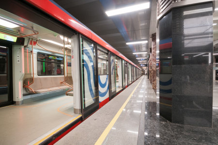 Moscow, Russia - May 06, 2022: Empty subway train on the station Zyuzinoのeditorial素材