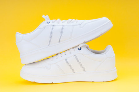 Pair white sport sneakers close up on yellow backgroundの写真素材