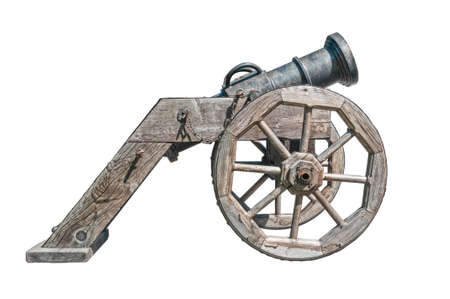Antique cannon on wooden wheels isolated on white backgroundの写真素材