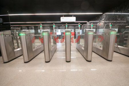 Moscow, Russia - May 06, 2022: Metal turnstiles at metro station Polezhaevskayaのeditorial素材