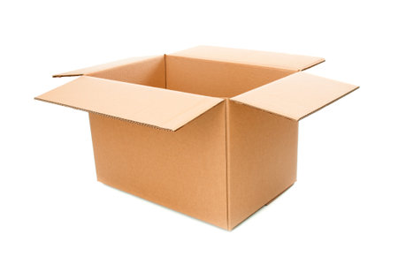 Open cardboard box close up isolated on a white backgroundの写真素材