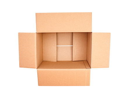 Open cardboard box close up isolated on a white backgroundの写真素材