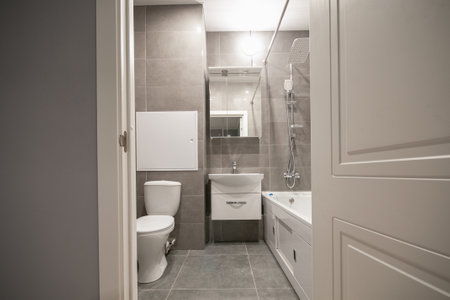 Interior of modern minimalist bathroom with bathtub, toilet, washbasin and shower. view through doorwayの写真素材