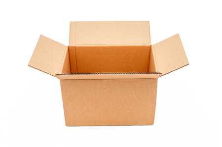 Open cardboard box close up isolated on a white backgroundの写真素材
