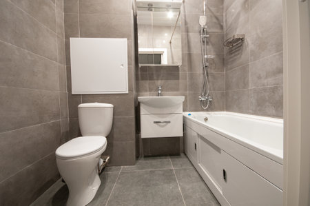 Interior of modern minimalist bathroom with bathtub, toilet, washbasin and showerの写真素材