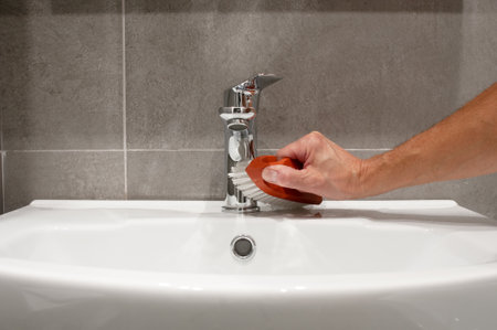 Man`s hand cleaning of a sink with brush in a bathroomの写真素材