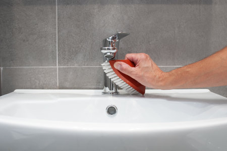 Man`s hand cleaning of a sink with brush in a bathroomの写真素材