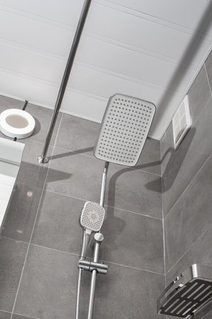 Modern chrome shower heads in the bathroom. view bottomの写真素材