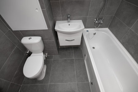 Interior of modern minimalist bathroom with bathtub, toilet, sink and shower. View from aboveの写真素材