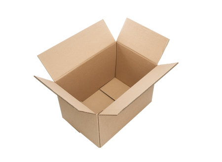 Open cardboard box close up isolated on white backgroundの写真素材