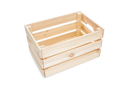 Empty wooden crate close up on a white backgroundの写真素材