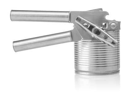 Metal can opener close up isolated on a white backgroundの写真素材