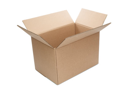 Open cardboard box close up isolated on white backgroundの写真素材