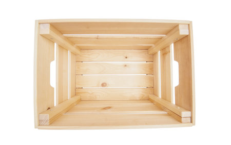 Empty wooden crate close up on a white background. Top viewの写真素材