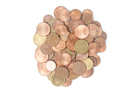 Heap of euro cent coins on a white backgroundの写真素材