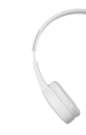 Wireless headphones close up isolated on a white backgroundの写真素材