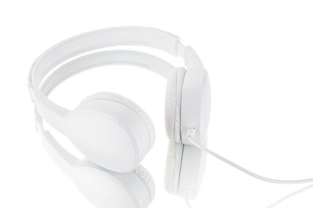 Headphones with cable close up isolated on white backgroundの写真素材