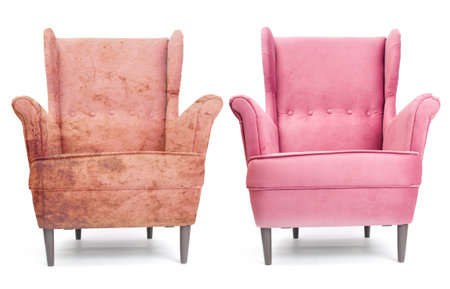 Red armchair before and after dry-cleaning isolated on white backgroundの写真素材