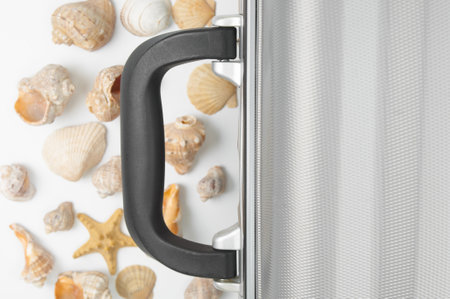 Travel bag close up and seashells on white background. Travel conceptの写真素材