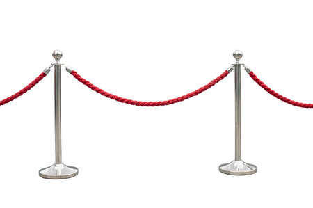 Stainless barricade with red rope isolate on white backgroundの写真素材