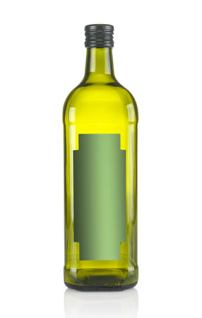 Bottle olive oil close up isolated on white backgroundの写真素材