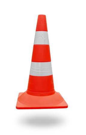 Orange traffic cone with shadow on white backgroundの写真素材